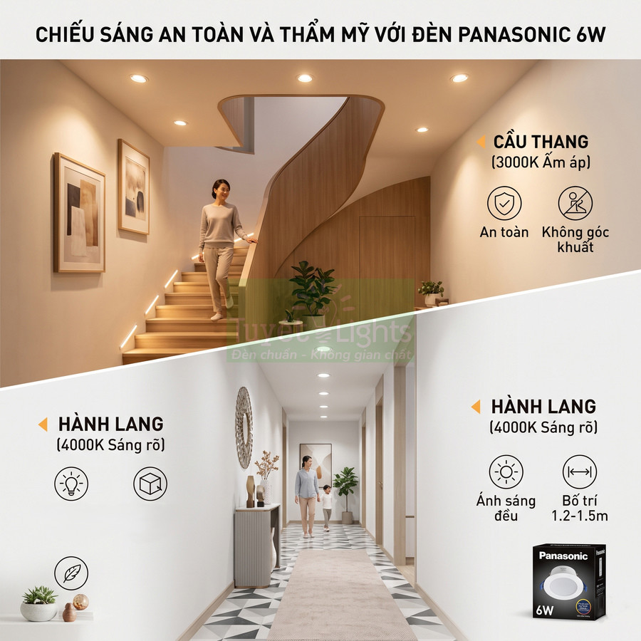 Đèn LED Panasonic 6W chiếu sáng cầu thang và hành lang trong nhà, ánh sáng 3000K và 4000K an toàn, thẩm mỹ